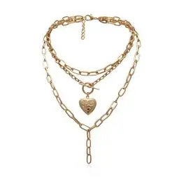 Produktbild: AILUOR Cool Punk Chunky Kette Erklärung Halskette für Frauen Mädchen Herzförmige Foto Medaillon Anhänger Layered Choker Halskette Schmuck (Gold)