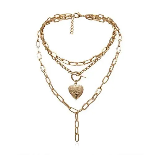 Produktbild: AILUOR Cool Punk Chunky Kette Erklärung Halskette für Frauen Mädchen Herzförmige Foto Medaillon Anhänger Layered Choker Halskette Schmuck (Gold)