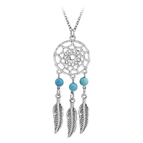 Produktbild: AILUOR Damen Kette mit Anhänger Silber Bohemian Dreamcatcher Traumfänger Halskette, Amerikanischer Ureinwohner Feder Türkis Korn Langkettige Halskette Schmuck Freundinnen Geschenke (A)
