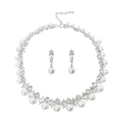 Produktbild: AILUOR Perlenschmuck Set für Frauen, 14K Gold/Silber plattiert Perlenkette und Ohrring Set Perlen Tropfen Ohrringe Perlen Armbänder Perlen Halskette Choker Hochzeit Brautschmuck (2 Stück Silber)