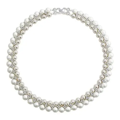 Produktbild: AILUOR Perlenschmuck Set für Frauen, 14K Gold/Silber plattiert Perlenkette und Ohrring Set Perlen Tropfen Ohrringe Perlen Armbänder Perlen Halskette Choker Hochzeit Brautschmuck (Zweifarbig)