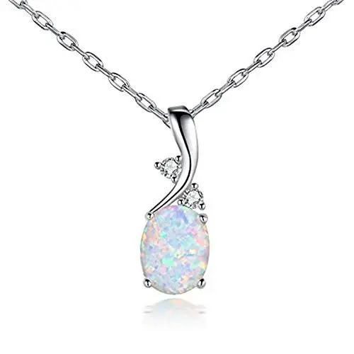Produktbild: Gilieyer Opal Geburtsstein Halskette für Frauen, Versilbert Edelstein Oval Weißer Feuer opal Anhänger Halskette Teardrop Anhänger Silber Kette Modischer Opal Schmuck für Frauen Mutter (Silber)