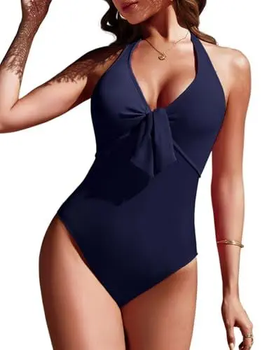 Produktbild: AI'MAGE Badeanzug Damen Triangel Bauchweg Sexy V-Ausschnitt Einteiliger Bademode Push up Monokinis Neckholder Badeanzüge Swimsuit Marine XL