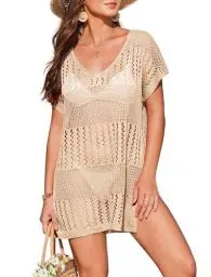 Produktbild: AI'MAGE Damen Bikini Cover Up Strandkleid V Ausschnitt Kurzarm Gehäkeltes Strandkleid Badeanzug Beige XL