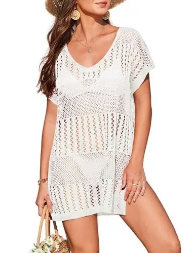 Produktbild: AI'MAGE Damen Bikini Cover Up Strandkleid V Ausschnitt Kurzarm Gehäkeltes Strandkleid Badeanzug Weiß M