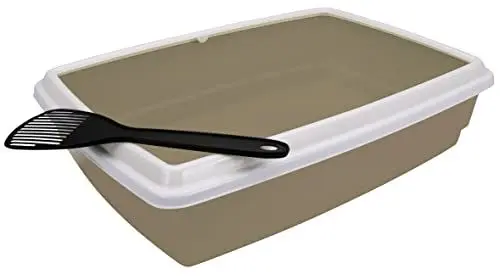 Produktbild: Aimé | Katzentoilette für Katzen | Katzenklo offen mit Rand und Katzenklo Schaufel | Einfach zu reinigendes Katzenklo offen | Hygienische Katzentoilette aus Kunststoff | Farbe Taupe | 44 x 34 x 11 cm