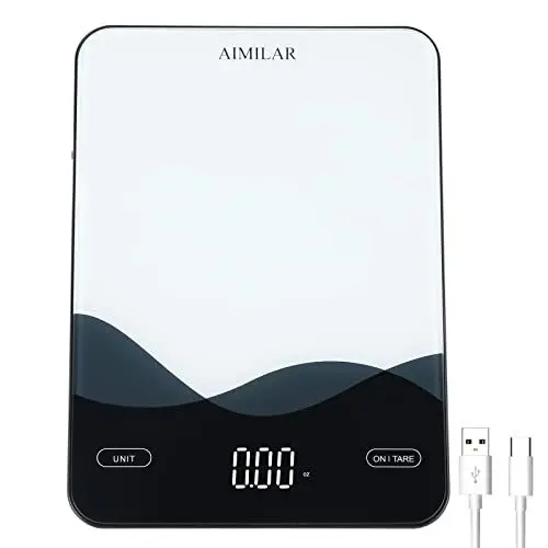 Produktbild: Aimilar digitale, wiederaufladbare USB-C-Küchenwaage mit LED-Anzeige, bis 10 kg, zum Backen und Kochen, Unzen und Gramm, 1 g/0,1 Unzen, gehärtetes Glas