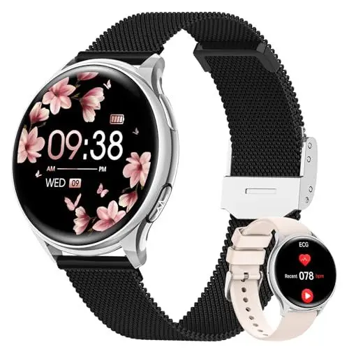 Produktbild: AIMIUVEI Smartwatch Damen mit EKG HRV, 1,27'' Armbanduhr mit Telefonfunktion 150+ Sports, 24H Herzfrequenz Schlafmonitor SpO2, Menstruationszyklus BMI Fitness Tracker IP68 iOS Android Schwarz Silber