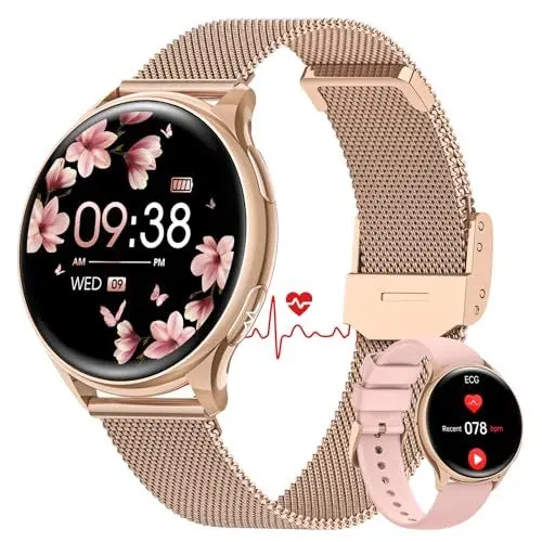 Produktbild: AIMIUVEI Smartwatch Damen mit EKG & HRV, 1,27'' Armbanduhr mit Telefonfunktion mit 150+ Sports, 24H Herzfrequenz Schlafmonitor SpO2, Menstruationszyklus BMI Fitness Tracker IP68 iOS Android Roségold