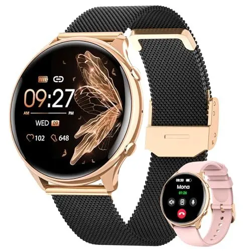 Produktbild: AIMIUVEI Smartwatch Damen mit Telefonfunktion, 1,39 Zoll HD Touchscreen, Fitnessuhr mit 120+ Sport Menstruationszyklus SpO2 Pulsuhr Schlafmonitor Schrittzähler, Armbanduhr für iOS Android Schwarz Gold