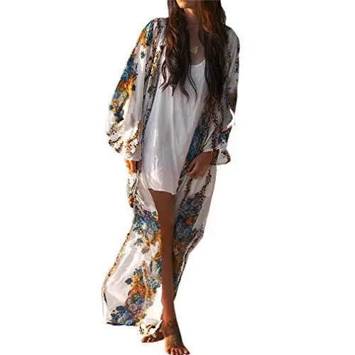 Produktbild: Ai.Moichien Damen Chiffon Floral Langarm Sonnencreme Cardigan Bluse Bikini Cover Up Gr. onesize, weiß