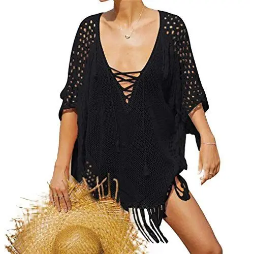 Produktbild: Ai.Moichien Damen Dünn Strick Mesh Strand Sonnenschutz Bikini Badeanzug Mantel, Schwarz , onesize