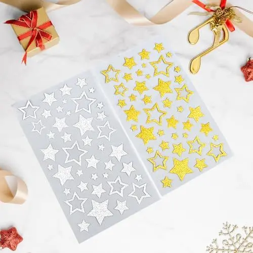 Produktbild: AINIUNIU 10 Blätter Sticker Stern Aufkleber Glitzer, Selbstklebende Stern Aufkleber, Glitzerstern Aufkleber, für Scrapbooking, DIY-Grußkarten, Basteln, Weihnachtskarten Deko (Gold und Silber)