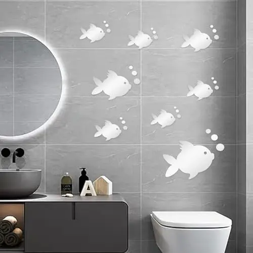Produktbild: AINIUNIU 3D-Wandaufkleber Acryl Fische und Bubbles Mode Spiegel Wandaufkleber, Tierische Wandtattoos Tropische Fische für Wohnzimmer Schlafzimmer Badezimmer Dekoration (Silber)