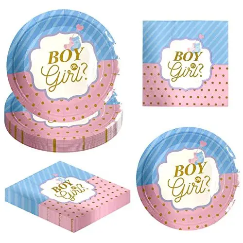 Produktbild: AINIUNIU Boy or Girl Gender Reveal Party Teller Set, 16 Gäste Gender Reveal Party Geschirr Pappteller Servietten, für Babyparty Gender Reveal Party Tischdeko
