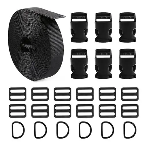 Produktbild: AINIUNIU Nylon Gurtband 5.4m x 2.5 cm Nylongurte mit Schnallen, 6 Side Release Schnallen Clips und 12 Tri-Glide Folien und 6 D-Ringe mit für Heimwerker Macht Koffergurt, Rucksack Reparatur