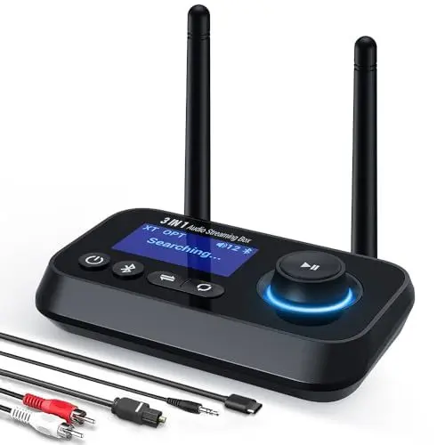 Produktbild: Ainostone 3-in-1 Bluetooth 5.0 Sender Empfänger für 2 Kopfhörer Bluetooth Audio Adapter Großer Reichweite Bluetooth Transmitter mit Bypass Low Latency Bildschirm AUX Optisch RCA für TV PC Stereoanlage