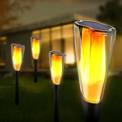 Produktbild: Ainostone Solarfackeln für Außen Flackernd 4 Stück Solarlampen 800mAh Solarleuchten mit Realistischem Flammeneffekt 15H Arbeitszeit Gartenfackeln IP65 Winterfest für Garten Terrasse Neujahr Deko