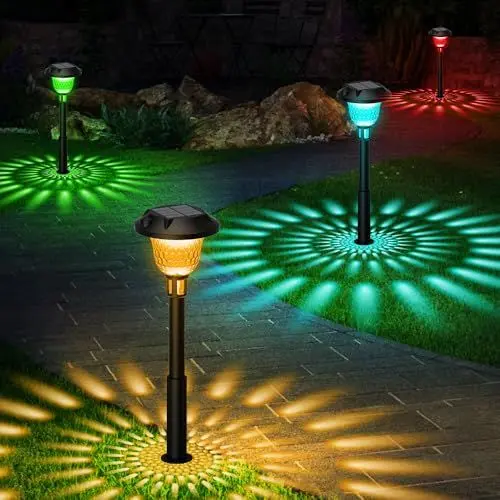 Produktbild: Ainostone Solarlampen für Außen Garten 4 Stück Solarleuchten mit 2 Farbemodi Warmweiß + RGB Muster IP65 Wasserdicht Auto Ein/Aus LED Gartenleuchten für Neujahr Balkon Terrasse Weg Gehweg Rasen Deko