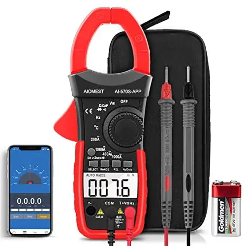 Produktbild: AIOMEST Strommesszange Bluetooth Clamp Meter 570S-APP Digital Multimeter, Zangenmessgerät mit 6000 Counts Auto-Raging Stromzange für AC/DC Spannung Strom, Durchgang Widerstand Kapazität