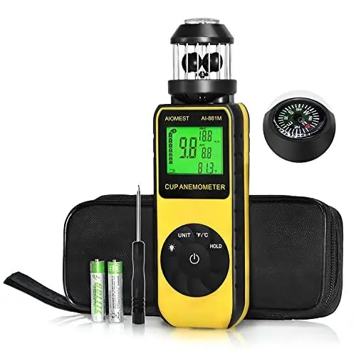 Produktbild: AIOMEST Windmesser Windmessgerät, 881M Digital Anemometer Handheld 4 Cups, ±4% Hoher Genauigkeit Wind Gauge Misst MAX/AVG Windgeschwindigkeit & Temperatur (℃/℉) für Schießen, Segeln, Surfen, Drohne