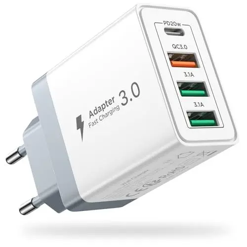 Produktbild: Aioneus USB C Ladegerät,40W 4 Ports Type C Adapter mit 1 USB-C und 3 USB-A,Schnellladegerät PD 20W Type Stecker QC 3.0 Netzteil für iPhone 16 15 14 Pro Max 13 12 11 SE 2020 XS XR 8,Samsung S24,Handy