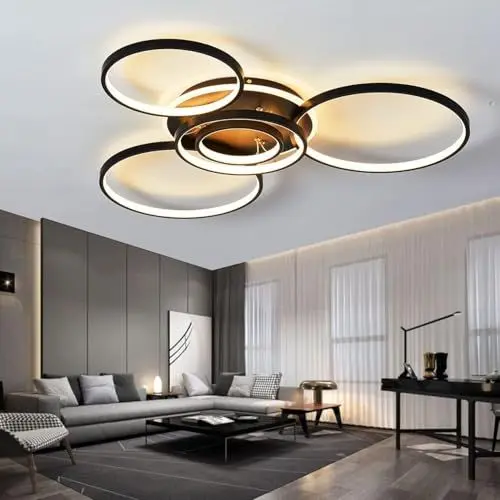 Produktbild: Deckenleuchten Dimmbare Wohnzimmerlampe mit Fernbedienung, 95cm, 6-Ring Deckenlampe 76W 7600LM Deckenleuchte aus Metall Modern-Design für Schlafzimmer, Küche, Esszimmer, Wohnzimmer (Schwarz-95CM)