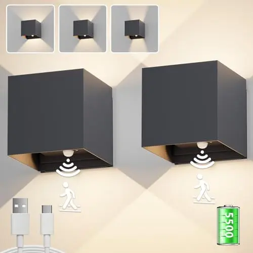 Produktbild: Aipsun 2 Stück Kabellos akku wandleuchte mit bewegungsmelder, 5500mAh Wandlicht Up and Down Innen LED Wandleuchte, 5W, Aluminium, 3000K warmweiß, Geeignet für Flure und Treppen (Anthrazit)