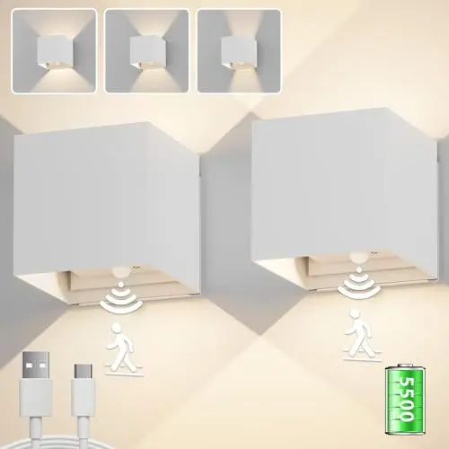 Produktbild: Aipsun 2 Stück LED akku wandleuchte mit bewegungsmelder weiß, kabellose Wandlampe mit Akku 5500mAh, 5W, Glühen oben und unten, 2700K warmweiß, für den Innen