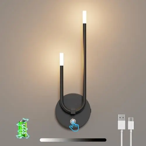 Produktbild: Aipsun 5500mAh akku wandleuchte innen,Kabellose LED Wandleuchte, Stufenlos dimmbar, 4W 3000k, 𝟏𝟖-𝟔𝟎 𝐒𝐭𝐮𝐧𝐝𝐞𝐧 lange Lebensdauer für Esszimmer/Schlafzimmer/Wohnzimmer/Flur(Schwarz)