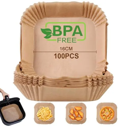 Produktbild: AiQInu Backpapier für Heißluftfritteuse, 100 Stück 16cm BPA-frei Airfryer Backpapier Eckig Wasserdicht Ölfest Pergamentpapier Liner Airfryer Zubehör, für Heißluftfritteuse Ofen Mikrowelle