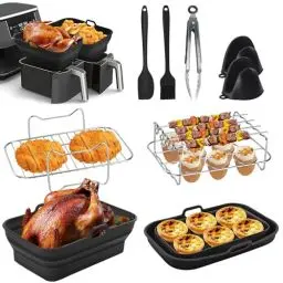 Produktbild: Air Fryer Liner Zubehör Silikon Dual Zone Faltbar 8 Stück inkl. Gestell, Handschuhe, Spatel, Bürste für Ninja AF400UK & Tower T17088 kompatibel mit Backofen, Mikrowelle