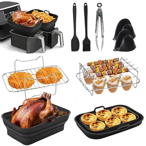 Produktbild: Air Fryer Liner Zubehör Silikon Dual Zone Faltbar 8 Stück inkl. Gestell, Handschuhe, Spatel, Bürste für Ninja AF400UK & Tower T17088 kompatibel mit Backofen, Mikrowelle