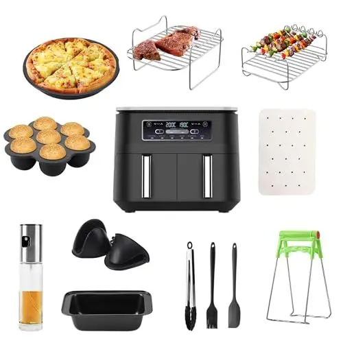 Produktbild: Air Fryer Zubehör, 12 Stück Dual 2024 Heißluftfritteuse Zubehör für Ninja Air Fryer AF500EU, AF400EU, AF300EU, Innsky, Princess, Emerio Accessories für Air Fryer Racks & Ölsprühflasche 9,5-10,4L