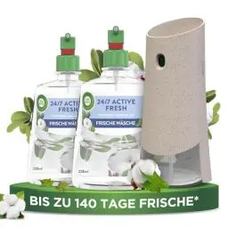 Produktbild: Air Wick Active Fresh – Starter Set – Aeorosolfreier, automatischer Lufterfrischer – Raumduft Frische Wäsche – 2 x 228 ml Nachfüller + Gerät