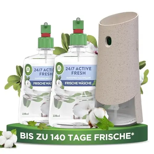 Produktbild: Air Wick Active Fresh – Starter Set – Aeorosolfreier, automatischer Lufterfrischer – Raumduft Frische Wäsche – 2 x 228 ml Nachfüller + Gerät