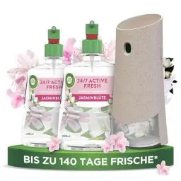 Produktbild: Air Wick Active Fresh – Starter Set – Aeorosolfreier, automatischer Lufterfrischer – Raumduft Jasminblüte – 2 x 228 ml Nachfüller + Gerät