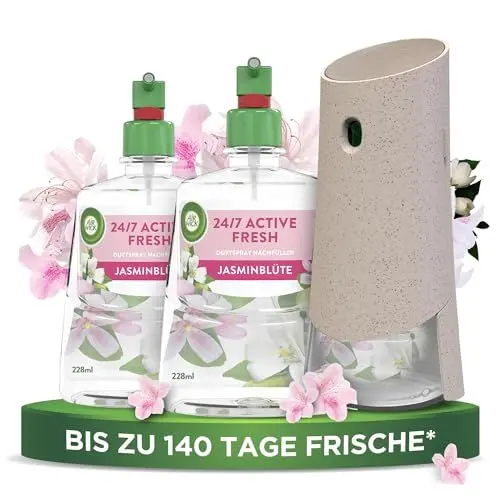 Produktbild: Air Wick Active Fresh – Starter Set – Aeorosolfreier, automatischer Lufterfrischer – Raumduft Jasminblüte – 2 x 228 ml Nachfüller + Gerät