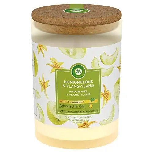 Produktbild: Air Wick Duft-Stimmungskerze im Glas – Duft: Honigmelone & Ylang-Ylang – Mit Deckel aus Kork für langanhaltende Frische – 1 x Duftkerze in weiß