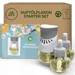 Produktbild: Air Wick Duftölflakon – Duftstecker Starter Set mit 3 Duftflakons – Raumduft & Lufterfrischer – Duft: Sommervergnügen – Blumiger Duft für die Steckdose – 1 x Gerät und 3 x Nachfüller