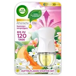 Produktbild: Air Wick Duftölflakon – Starter Set mit Duftstecker und Duftflakon für die Steckdose – Duft: Sommervergnügen – 1 x Gerät und 1 Nachfüller – Plastikfreie Verpackung