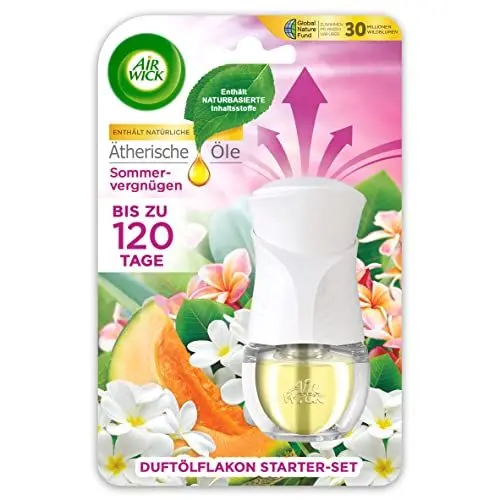 Produktbild: Air Wick Duftölflakon – Starter Set mit Duftstecker und Duftflakon für die Steckdose – Duft: Sommervergnügen – 1 x Gerät und 1 Nachfüller – Plastikfreie Verpackung