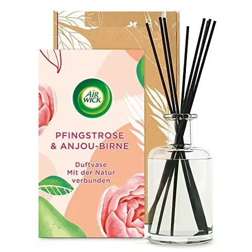 Produktbild: Air Wick Duftvase – Duft: Pfingstrose und Anjou-Birne – Mit natürlichen ätherischen Ölen – 1 x 200 ml Raumduft mit Stäbchen