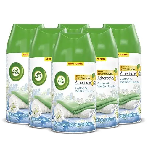 Produktbild: Air Wick Freshmatic Max Raumspray – Nachfüller für den Air Wick Freshmatic Max – Duft: Cotton und Weißer Flieder – 6 x 250 ml Nachfüller