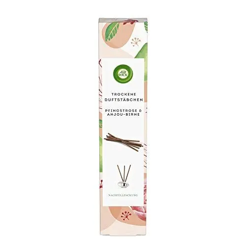 Produktbild: Air Wick Trockene Duftstäbchen – Raumduft Duftöl Nachfüller für die Air Wick Keramikvase – Duft: Pfingstrose & Anjou Birne – 2 x 3 Stäbchen