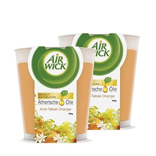 Produktbild: Air Wick Wohlfühl-Duftkerze im Glas Anti-Tabak – Duft: Orange – Enthält natürliche ätherische Öle – 2 x Duftkerze in Orange