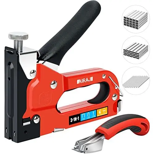 Produktbild: AIRAJ 3-in-1-Heftpistolen-Set, enthält 2500 starke Heftklammern, TÜV GS geprüft, mit Sicherheitsverriegelung, manueller Nagler für Polstermöbel, Nagelentferner, robuste Heftklammer-Nagel-Stahlpistole
