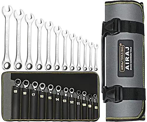 Produktbild: AIRAJ Ratschenschlüssel-Satz (8-19 mm), 72 Zähne Ringmaulschlüssel mit festem Kopf aus Chrom-Vanadium-Stahl in Rolltasche, perfekt für Haus, Auto und Reparaturen