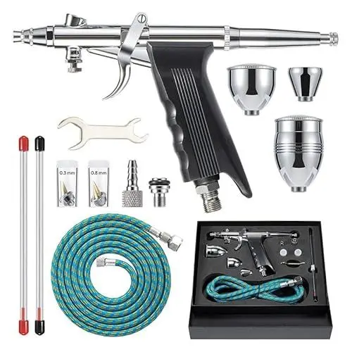 Produktbild: Airbrush Pistole, Dreifach-Kaliber Airbrush Set, Geteiltes Design Airbrushpistole mit Adapter 0.3MM 0.5MM 0.8MM, Airbrushpistole für Farbmodelle Lederkleidung Autolackierung