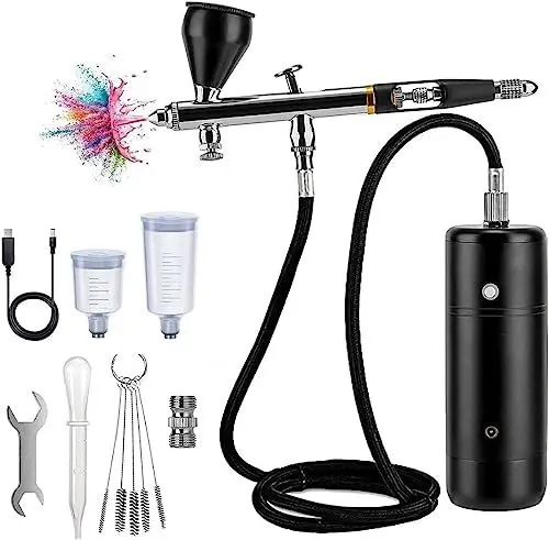 Produktbild: Airbrush-Kit mit Kompressor 30PSI Tragbare Spritzpistole Set, kabellose Wiederaufladbares Hand-Airbrush-Set für Nägel, Malerei, Make-up, Tortendekoration, Kekse, Mode, Friseur (schwarz)